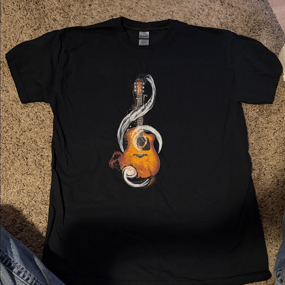 Gildan Black Tee with Orange Guitar and Treble Clef Graphic
